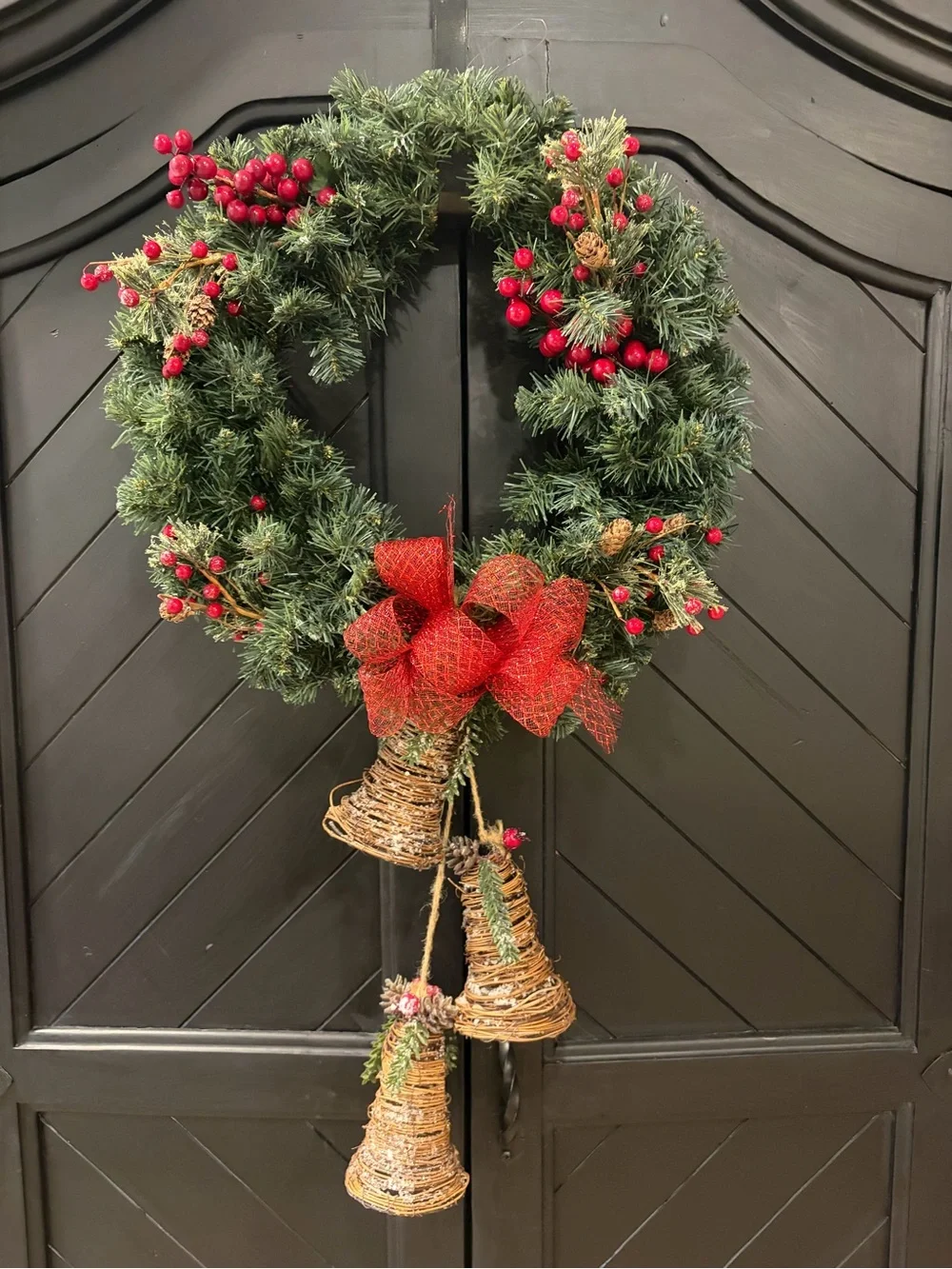 Festive Pine Holiday Wreath with Red Berries & Bells